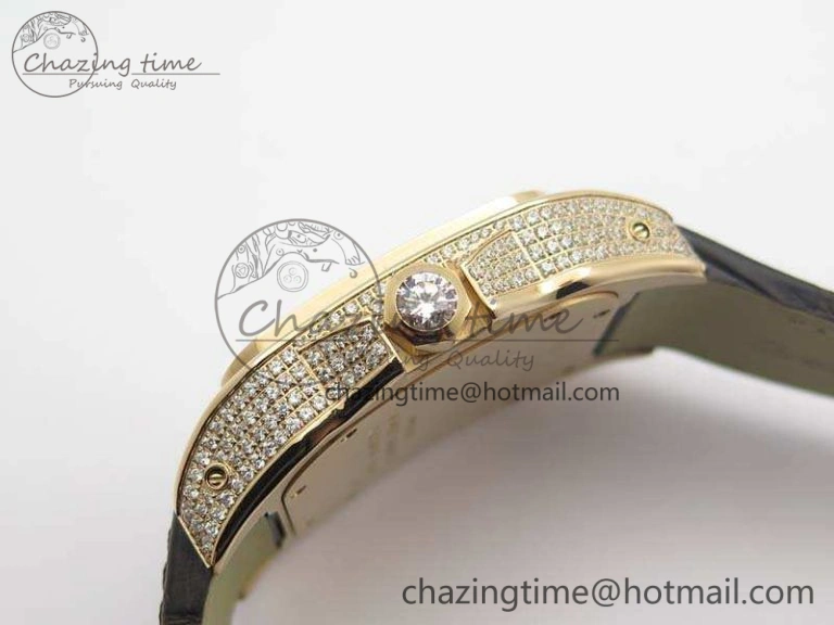Santos Ladies 38.5mm RG Full Paved Diamonds Case V6F 1:1 Best Edition White Dial On Leather Strap A FastDry 6262