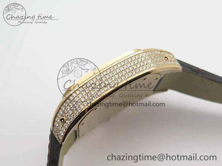 Santos Ladies 38.5mm RG Full Paved Diamonds Case V6F 1:1 Best Edition White Dial On Leather Strap A FastDry 6262