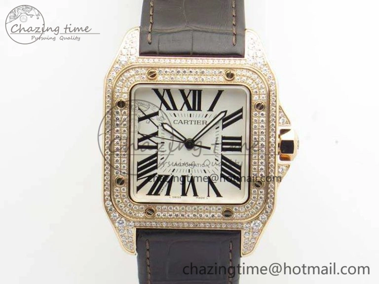 Santos Ladies 38.5mm RG Full Paved Diamonds Case V6F 1:1 Best Edition White Dial On Leather Strap A FastDry 6262