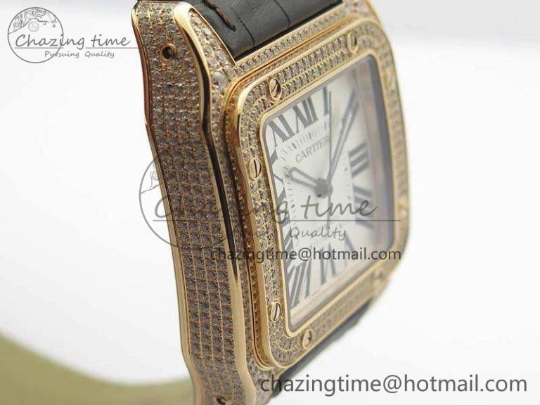 Santos Ladies 38.5mm RG Full Paved Diamonds Case V6F 1:1 Best Edition White Dial On Leather Strap A FastDry 6262