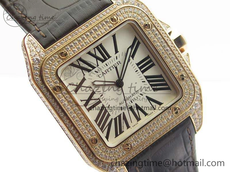 Santos Ladies 38.5mm RG Full Paved Diamonds Case V6F 1:1 Best Edition White Dial On Leather Strap A FastDry 6262