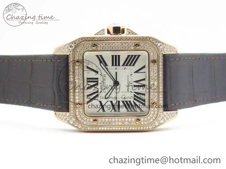 Santos Ladies 38.5mm RG Full Paved Diamonds Case V6F 1:1 Best Edition White Dial On Leather Strap A FastDry 6262