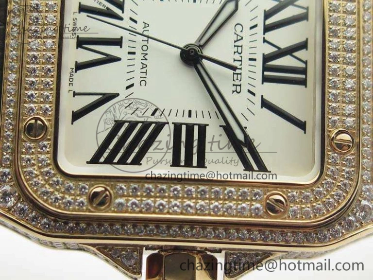 Santos Ladies 38.5mm RG Full Paved Diamonds Case V6F 1:1 Best Edition White Dial On Leather Strap A FastDry 6262