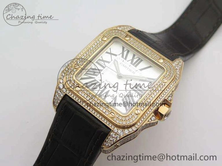 Santos Ladies 38.5mm RG Full Paved Diamonds Case V6F 1:1 Best Edition White Dial On Leather Strap A FastDry 6262