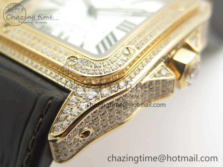Santos Ladies 38.5mm RG Full Paved Diamonds Case V6F 1:1 Best Edition White Dial On Leather Strap A FastDry 6262