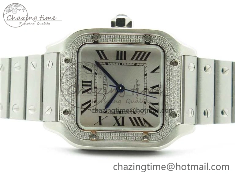 Reliable Santos de Cartier 35mm 2018 Diamonds Bezel RXW 1:1 Best Edition White Dial on SS SmartLinks Bracelet MIYOTA 6098