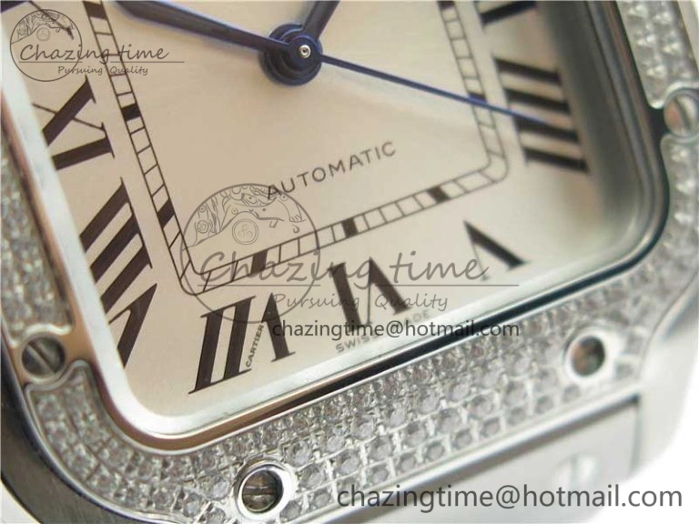 Reliable Santos de Cartier 35mm 2018 Diamonds Bezel RXW 1:1 Best Edition White Dial on SS SmartLinks Bracelet MIYOTA 6098
