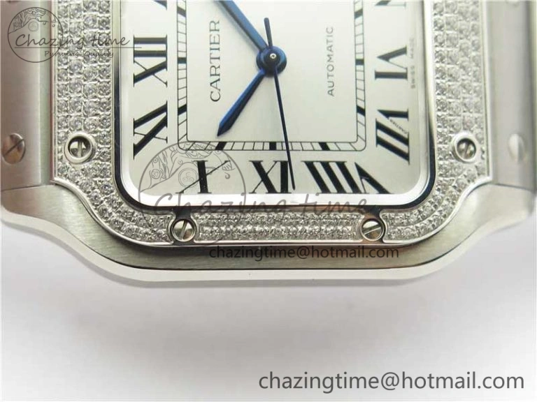 Reliable Santos de Cartier 35mm 2018 Diamonds Bezel RXW 1:1 Best Edition White Dial on SS SmartLinks Bracelet MIYOTA 6098