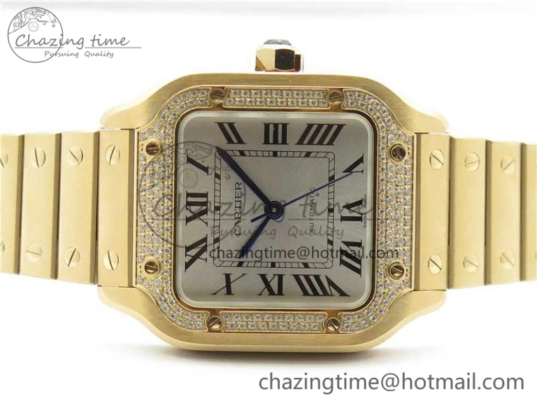 Trendsetting Santos de Cartier 35mm 2018 RG Diamonds Bezel RXW 1:1 Best Edition White Dial on SmartLinks RG Bracelet MIYOTA 10487