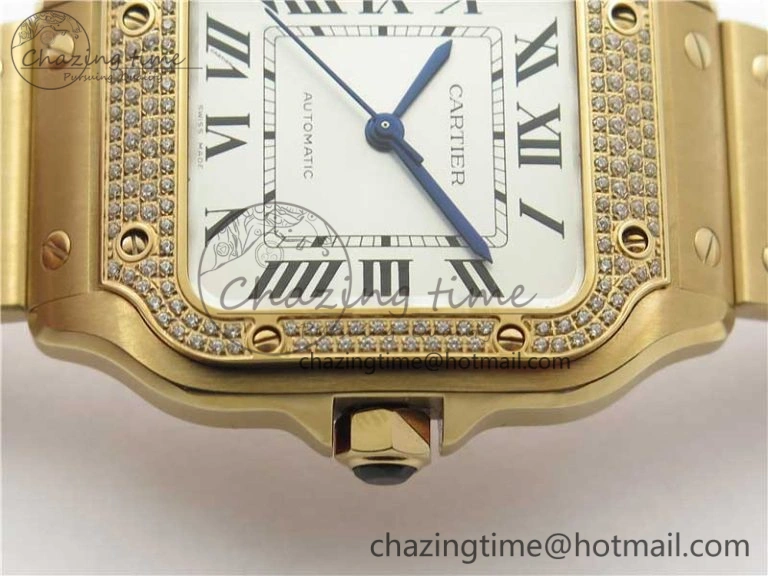 Trendsetting Santos de Cartier 35mm 2018 RG Diamonds Bezel RXW 1:1 Best Edition White Dial on SmartLinks RG Bracelet MIYOTA 10487
