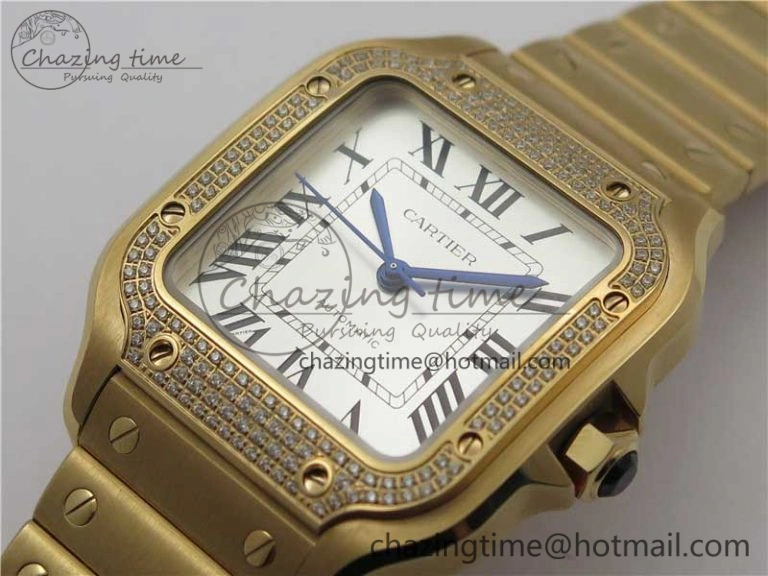 Trendsetting Santos de Cartier 35mm 2018 RG Diamonds Bezel RXW 1:1 Best Edition White Dial on SmartLinks RG Bracelet MIYOTA 10487