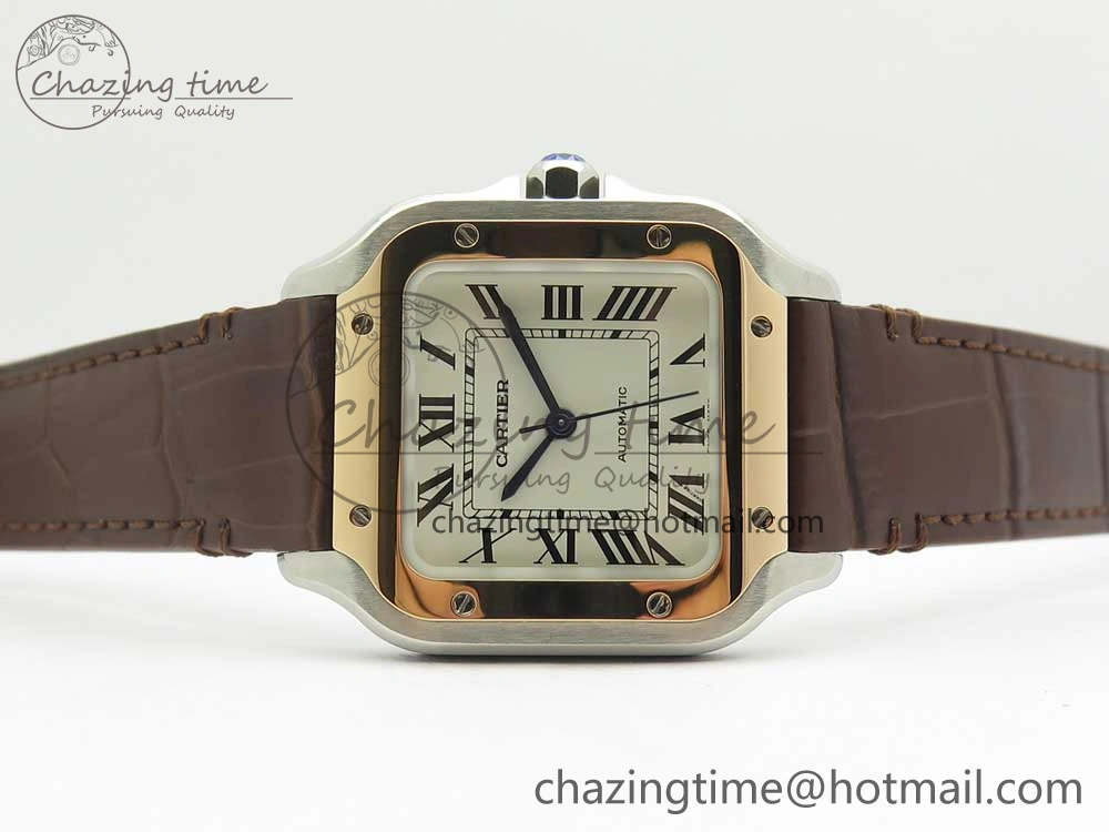 Santos de Cartier 35mm 2018 V6F 1:1 Best Edition White Dial RG Bezel on DeepBrown Leather Strap MIYOTA EasyMatch 10621