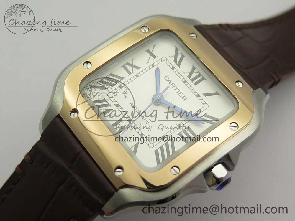 Santos de Cartier 35mm 2018 V6F 1:1 Best Edition White Dial RG Bezel on DeepBrown Leather Strap MIYOTA EasyMatch 10621