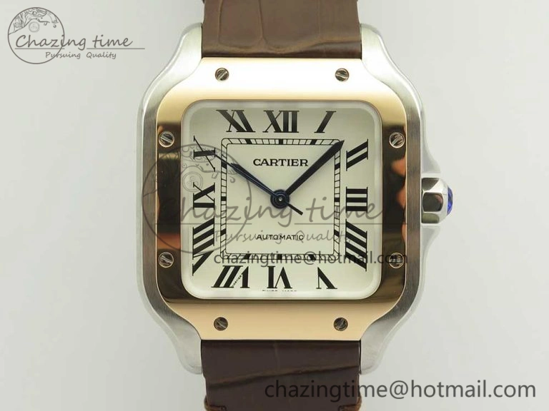 Santos de Cartier 35mm 2018 V6F 1:1 Best Edition White Dial RG Bezel on DeepBrown Leather Strap MIYOTA EasyMatch 10621