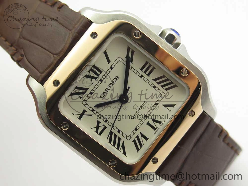 Santos de Cartier 35mm 2018 V6F 1:1 Best Edition White Dial RG Bezel on DeepBrown Leather Strap MIYOTA EasyMatch 10621