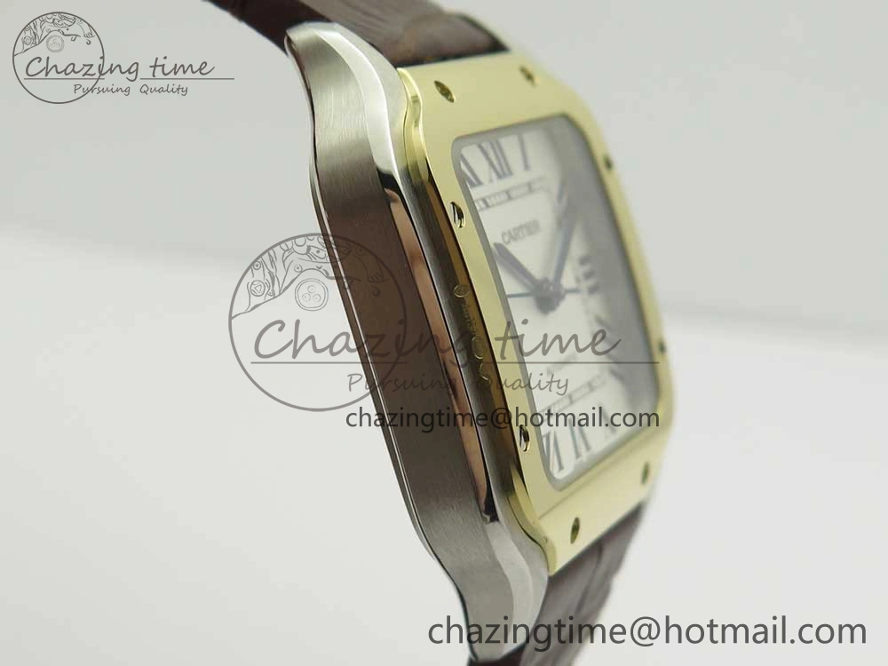 Timeless Santos de Cartier 35mm 2018 V6F 1:1 Best Edition White Dial YG Bezel on DeepBrown Leather Strap MIYOTA 10620