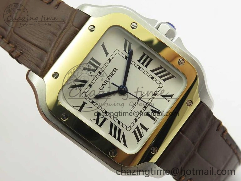 Timeless Santos de Cartier 35mm 2018 V6F 1:1 Best Edition White Dial YG Bezel on DeepBrown Leather Strap MIYOTA 10620