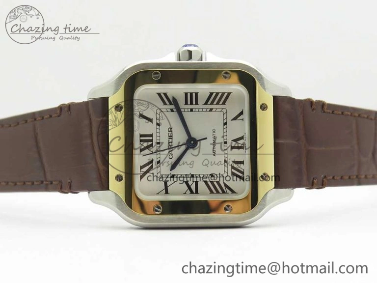Timeless Santos de Cartier 35mm 2018 V6F 1:1 Best Edition White Dial YG Bezel on DeepBrown Leather Strap MIYOTA 10620