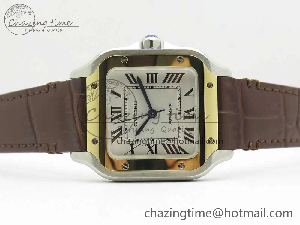 Timeless Santos de Cartier 35mm 2018 V6F 1:1 Best Edition White Dial YG Bezel on DeepBrown Leather Strap MIYOTA 10620