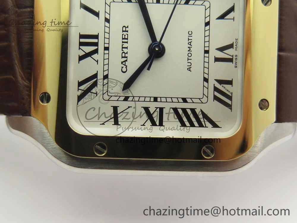 Timeless Santos de Cartier 35mm 2018 V6F 1:1 Best Edition White Dial YG Bezel on DeepBrown Leather Strap MIYOTA 10620