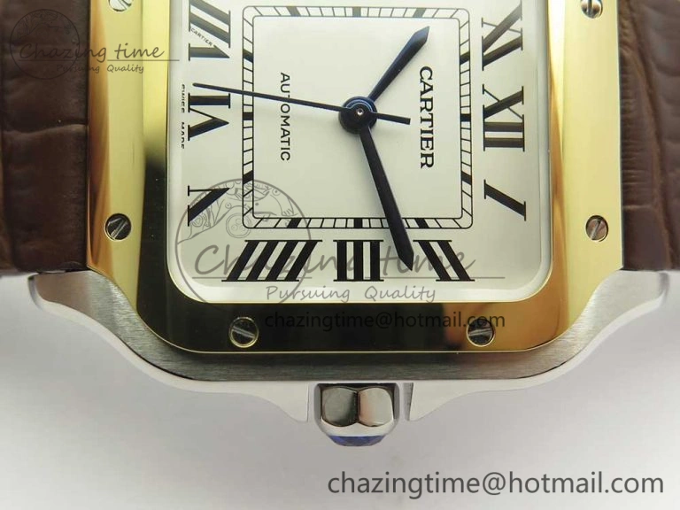 Timeless Santos de Cartier 35mm 2018 V6F 1:1 Best Edition White Dial YG Bezel on DeepBrown Leather Strap MIYOTA 10620