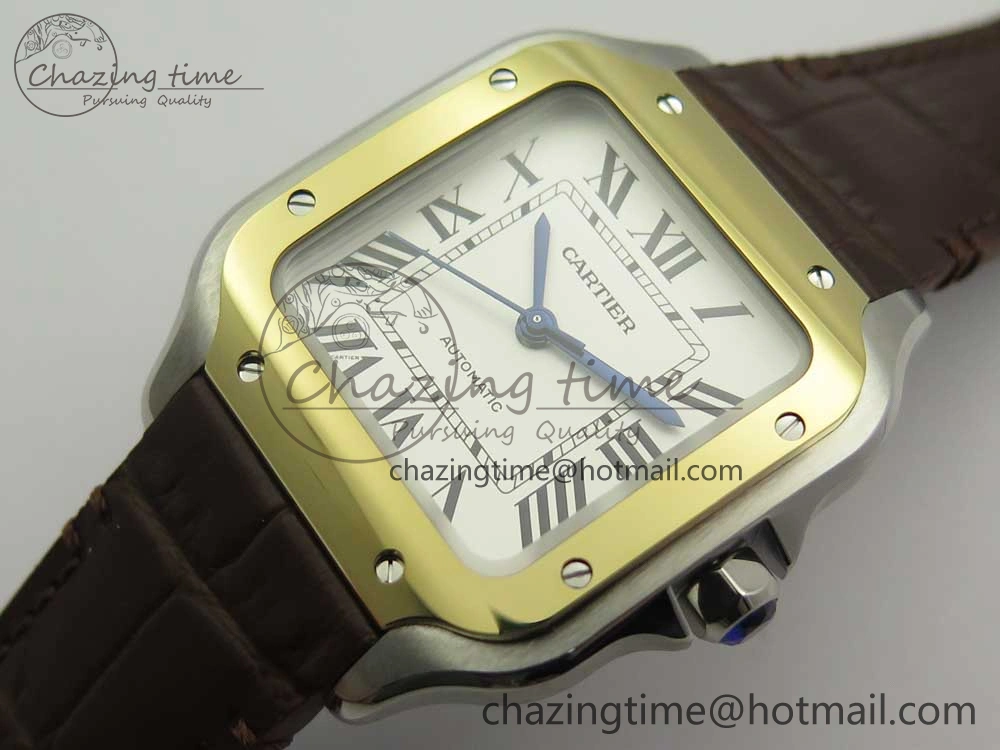 Timeless Santos de Cartier 35mm 2018 V6F 1:1 Best Edition White Dial YG Bezel on DeepBrown Leather Strap MIYOTA 10620