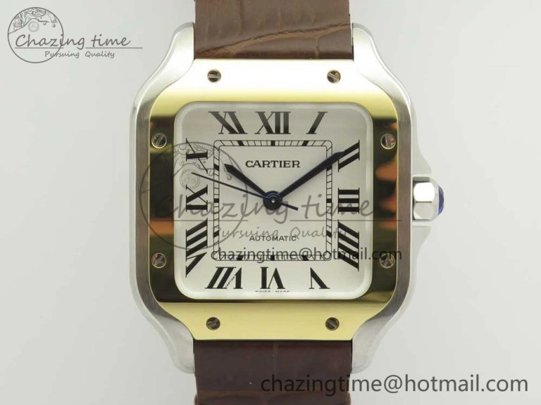 Timeless Santos de Cartier 35mm 2018 V6F 1:1 Best Edition White Dial YG Bezel on DeepBrown Leather Strap MIYOTA 10620