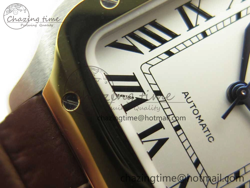 Timeless Santos de Cartier 35mm 2018 V6F 1:1 Best Edition White Dial YG Bezel on DeepBrown Leather Strap MIYOTA 10620