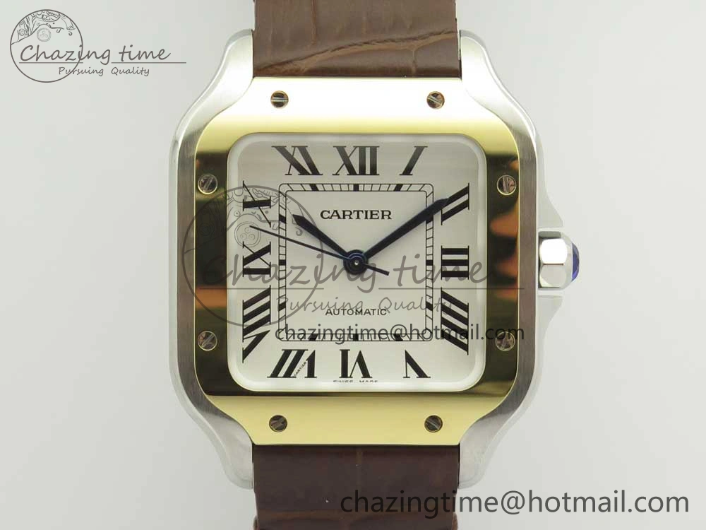 Timeless Santos de Cartier 35mm 2018 V6F 1:1 Best Edition White Dial YG Bezel on DeepBrown Leather Strap MIYOTA 10620