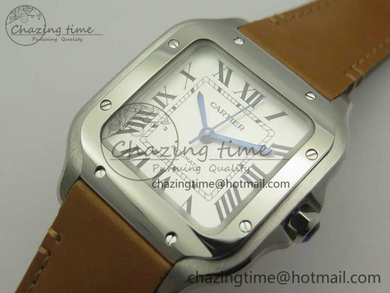 Bold Santos de Cartier 35mm 2018 V6F 1:1 Best Edition White Dial on Brown Leather Strap MIYOTA 6187
