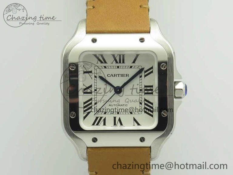 Bold Santos de Cartier 35mm 2018 V6F 1:1 Best Edition White Dial on Brown Leather Strap MIYOTA 6187