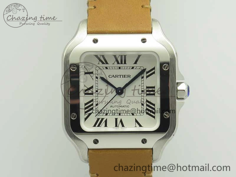 Bold Santos de Cartier 35mm 2018 V6F 1:1 Best Edition White Dial on Brown Leather Strap MIYOTA 6187