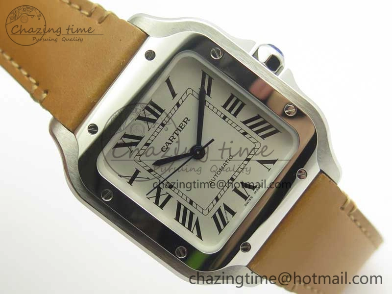 Bold Santos de Cartier 35mm 2018 V6F 1:1 Best Edition White Dial on Brown Leather Strap MIYOTA 6187