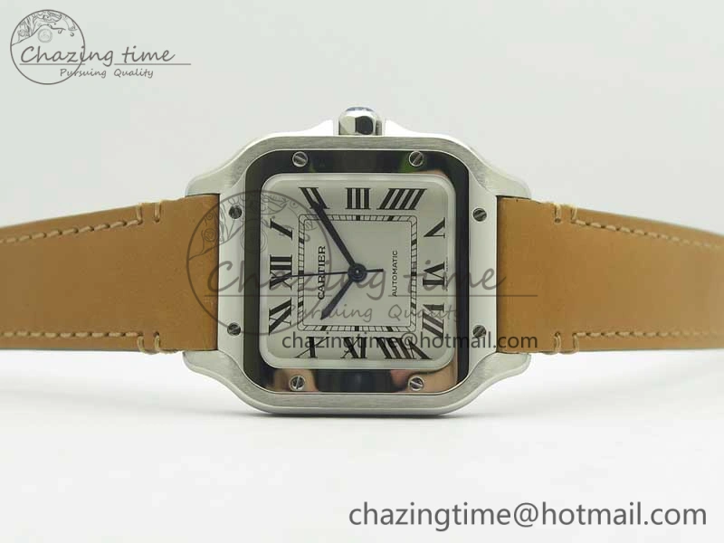 Bold Santos de Cartier 35mm 2018 V6F 1:1 Best Edition White Dial on Brown Leather Strap MIYOTA 6187