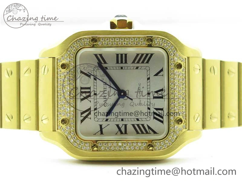 Santos de Cartier 35mm 2018 YG Diamonds Bezel RXW 1:1 Best Edition White Dial on SmartLinks YG Bracelet MIYOTA Efficient 10485