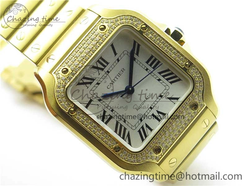 Santos de Cartier 35mm 2018 YG Diamonds Bezel RXW 1:1 Best Edition White Dial on SmartLinks YG Bracelet MIYOTA Efficient 10485