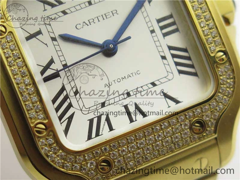 Santos de Cartier 35mm 2018 YG Diamonds Bezel RXW 1:1 Best Edition White Dial on SmartLinks YG Bracelet MIYOTA Efficient 10485