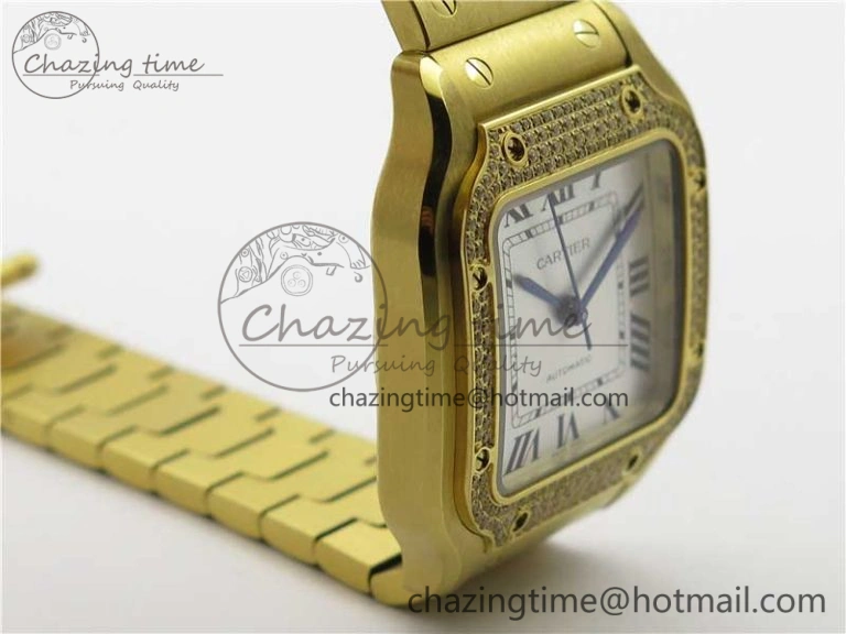 Santos de Cartier 35mm 2018 YG Diamonds Bezel RXW 1:1 Best Edition White Dial on SmartLinks YG Bracelet MIYOTA Efficient 10485