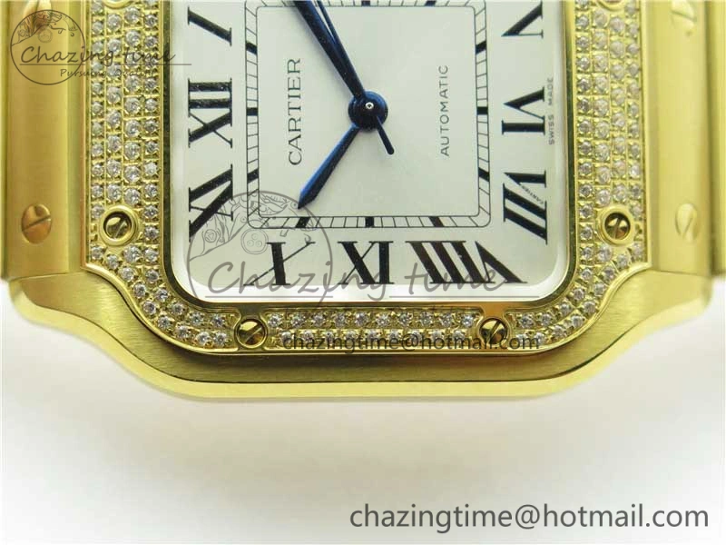 Santos de Cartier 35mm 2018 YG Diamonds Bezel RXW 1:1 Best Edition White Dial on SmartLinks YG Bracelet MIYOTA Efficient 10485
