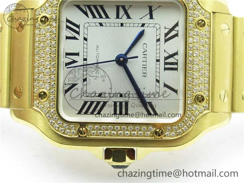 Santos de Cartier 35mm 2018 YG Diamonds Bezel RXW 1:1 Best Edition White Dial on SmartLinks YG Bracelet MIYOTA Efficient 10485