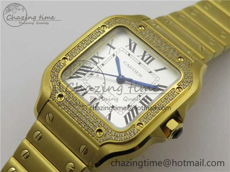 Santos de Cartier 35mm 2018 YG Diamonds Bezel RXW 1:1 Best Edition White Dial on SmartLinks YG Bracelet MIYOTA Efficient 10485