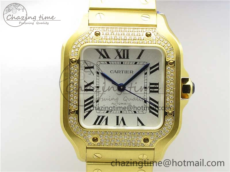 Santos de Cartier 35mm 2018 YG Diamonds Bezel RXW 1:1 Best Edition White Dial on SmartLinks YG Bracelet MIYOTA Efficient 10485