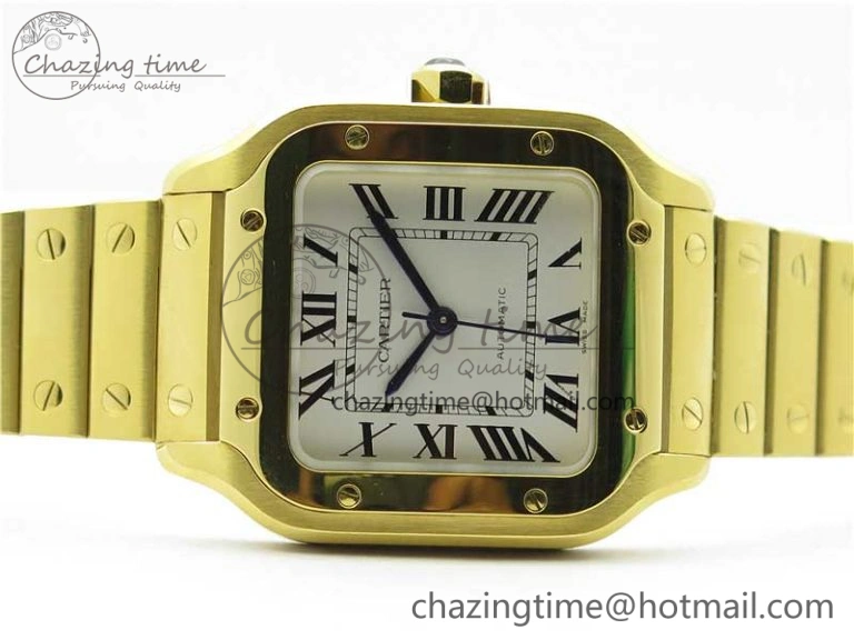 Stretchable Santos de Cartier 35mm 2018 YG RXW 1:1 Best Edition White Dial on SmartLinks YG Bracelet MIYOTA 10488