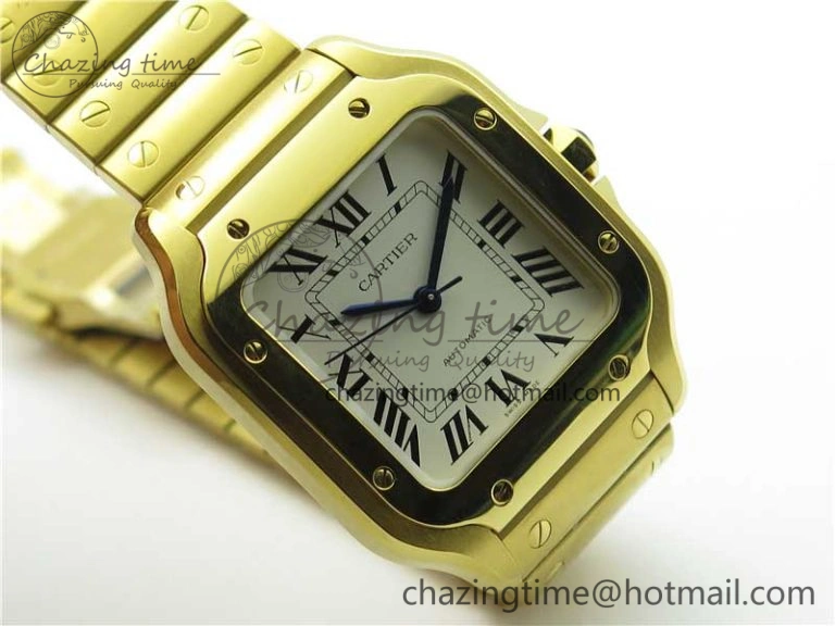 Stretchable Santos de Cartier 35mm 2018 YG RXW 1:1 Best Edition White Dial on SmartLinks YG Bracelet MIYOTA 10488