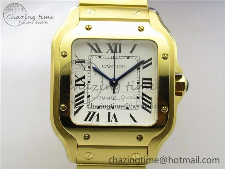 BestValue Santos de Cartier 35mm 2018 YG RXW 1:1 Best Edition White Dial on SmartLinks YG Bracelet MIYOTA 6112