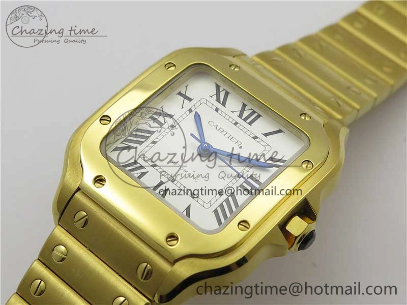 Stretchable Santos de Cartier 35mm 2018 YG RXW 1:1 Best Edition White Dial on SmartLinks YG Bracelet MIYOTA 10488