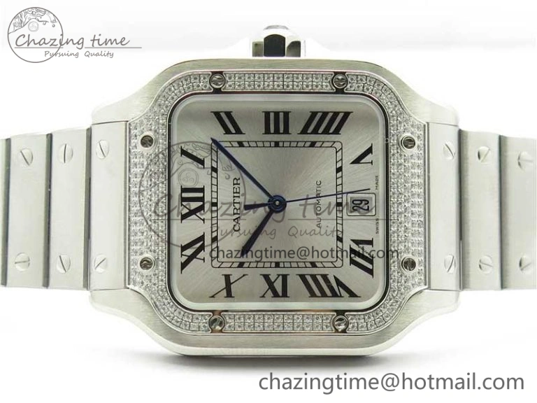 Vibrant Santos de Cartier 40mm 2018 Diamonds Bezel RXW 1:1 Best Edition White Dial on SS SmartLinks Bracelet MIYOTA 6106