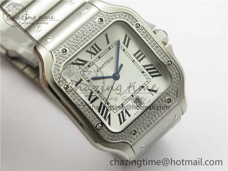 Vibrant Santos de Cartier 40mm 2018 Diamonds Bezel RXW 1:1 Best Edition White Dial on SS SmartLinks Bracelet MIYOTA 6106