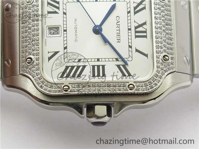 Vibrant Santos de Cartier 40mm 2018 Diamonds Bezel RXW 1:1 Best Edition White Dial on SS SmartLinks Bracelet MIYOTA 6106