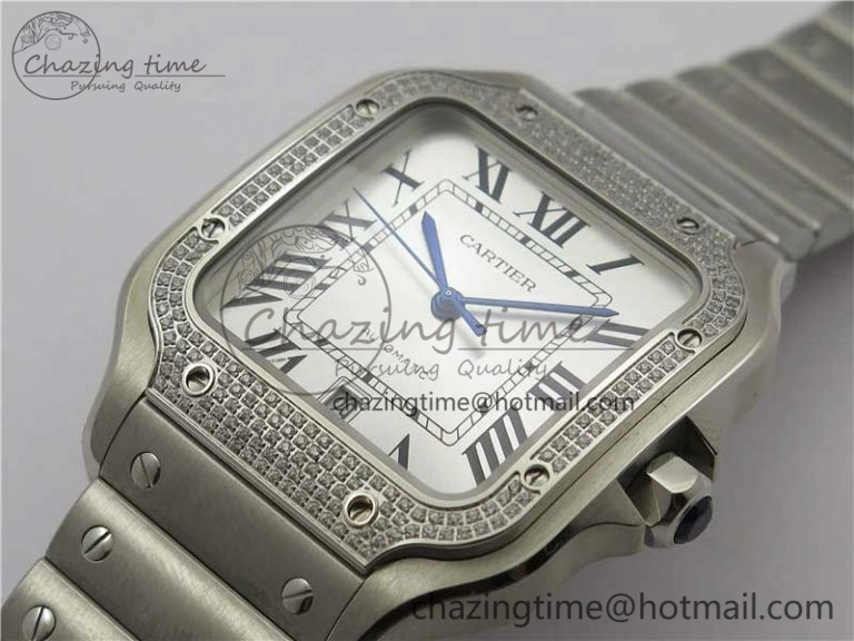 Vibrant Santos de Cartier 40mm 2018 Diamonds Bezel RXW 1:1 Best Edition White Dial on SS SmartLinks Bracelet MIYOTA 6106
